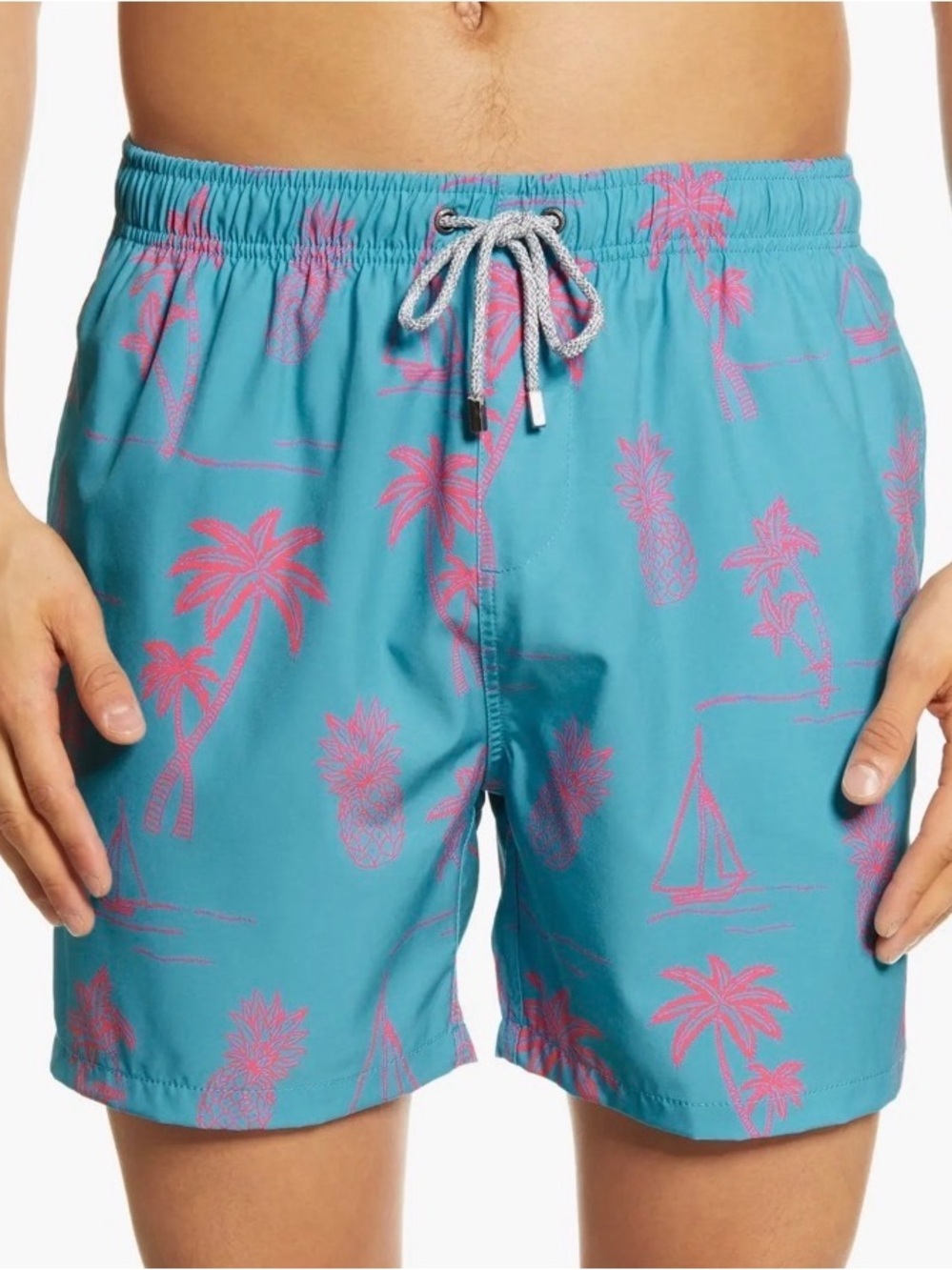 Vintage Summer Men's Swim Trunks Tropical Palm Tree Pineapple Blue Pink